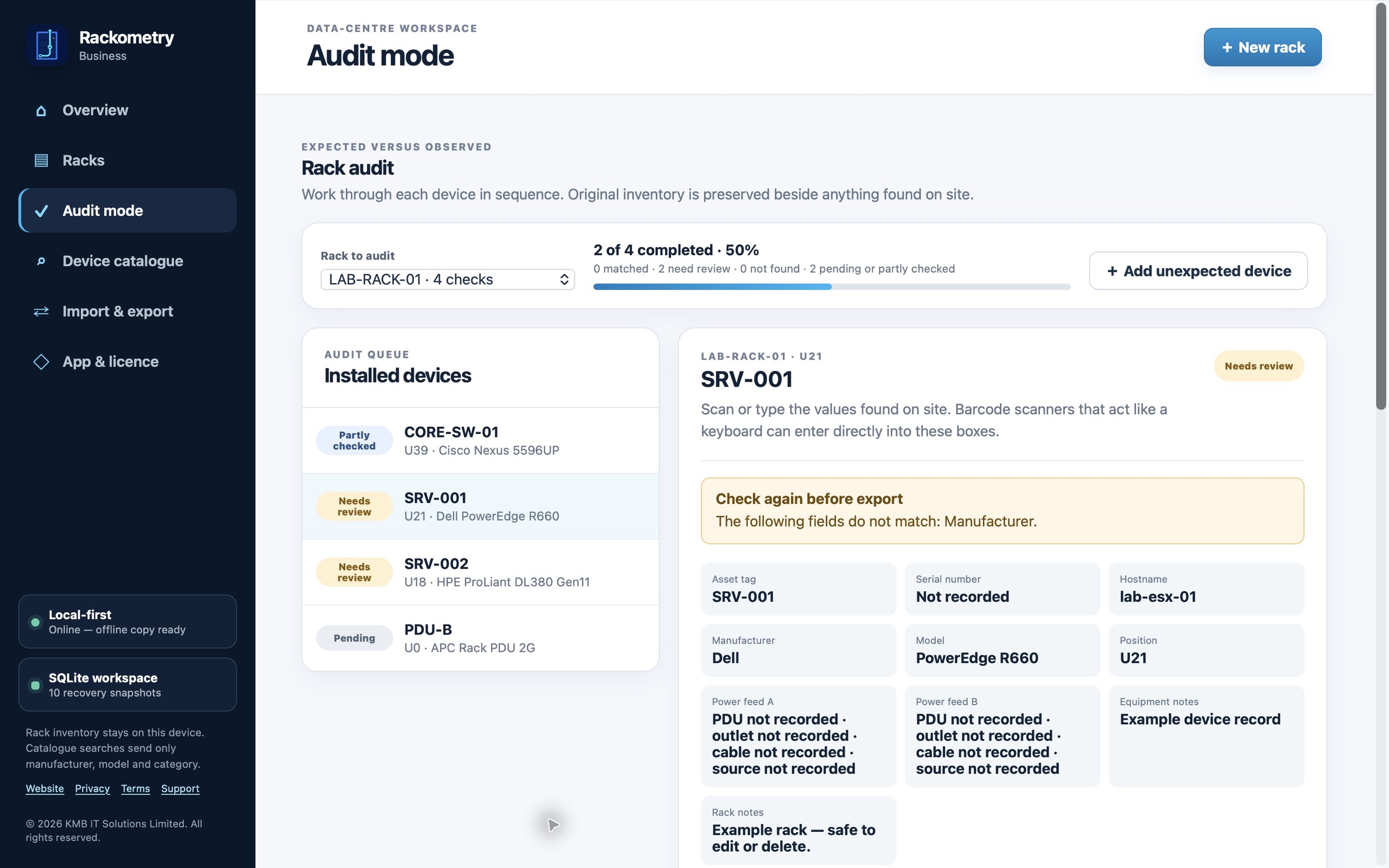Rackometry Business audit screen with fictional sample data